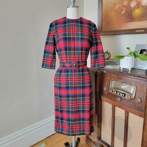 Classy Vintage Pendleton Red Plaid Wool Belted Wiggle Dress 1950s 1960s Small